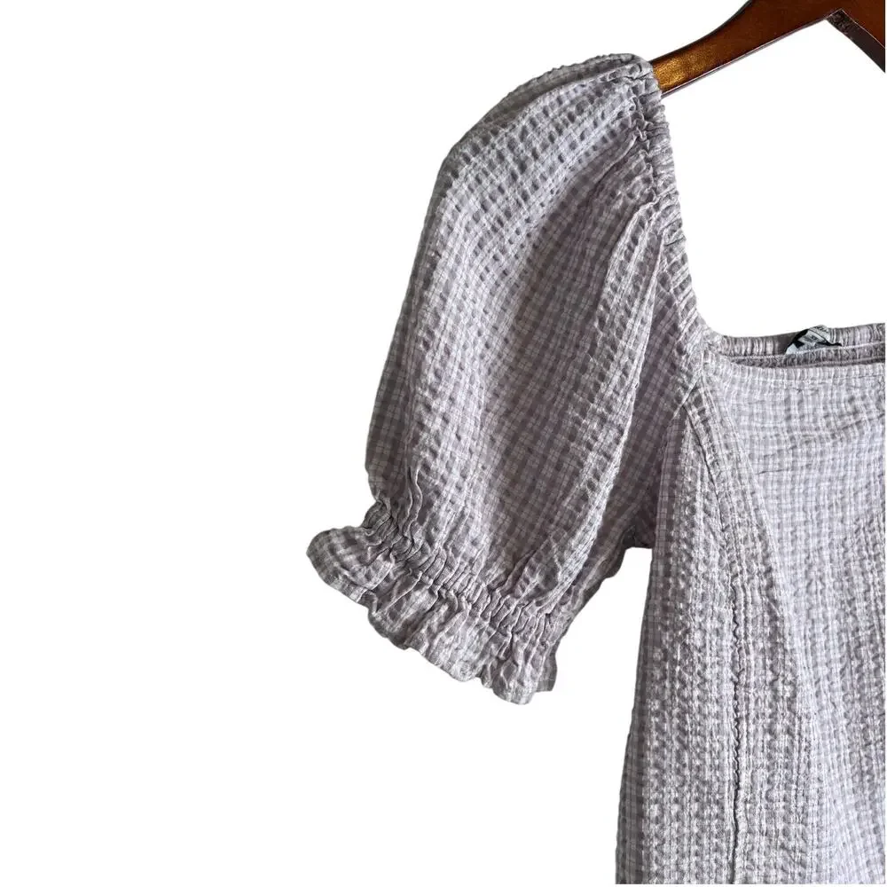 MADEWELL Seersucker Hopewell Puff-Sleeve Crop Top Womens Plaid Mauve Blouse XS